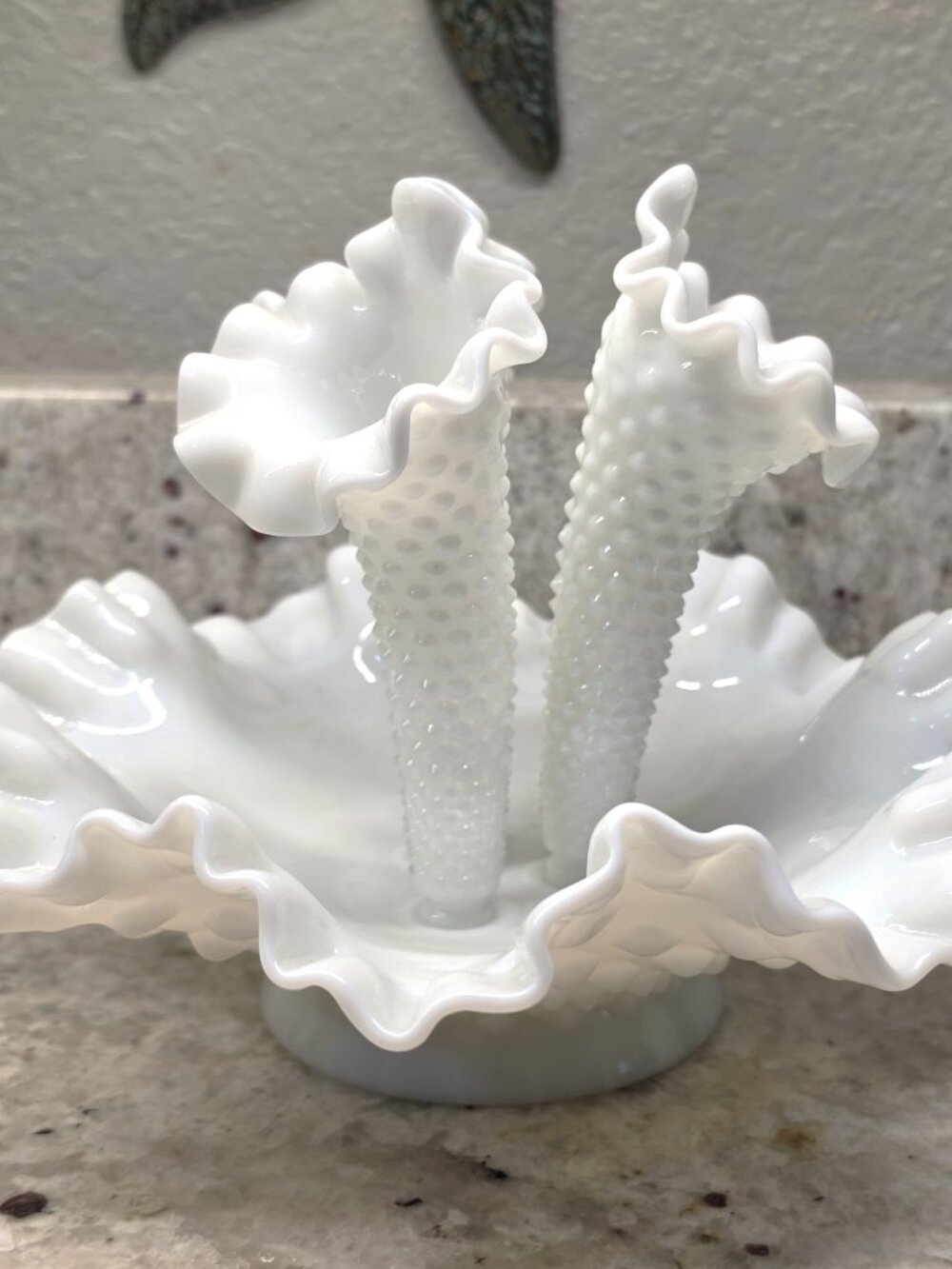 Vintage White Fenton Hobnail Milk Glass Epergne Ruffled Bowl 3 Horned Vase